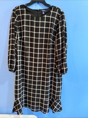 Chaps Black & Cream Windowpane Midi Shift Dress 3/4 Sleeves Women’s 16